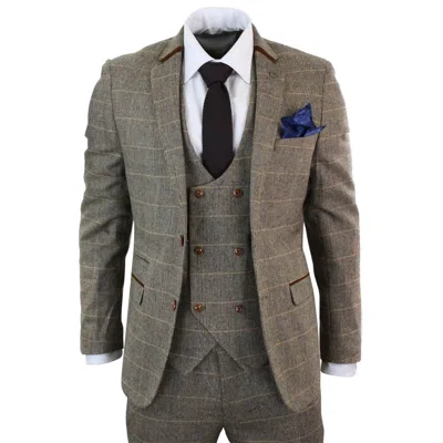 Pre-owned Marc Darcy Mens 3 Piece Herringbone Tweed Tan Brown Check Suit Tailored Fit Double Classic