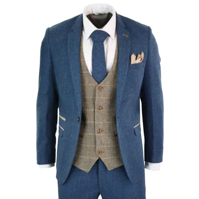 Pre-owned Marc Darcy Mens Blue Tan Brown 3 Piece Herringbone Tweed Check Vintage Tailored Fit Suit