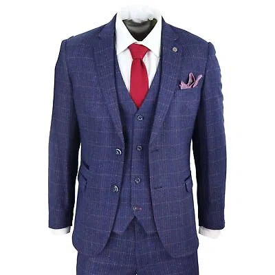 Pre-owned Marc Darcy Mens Navy Blue 3 Piece Suit Double Breasted Waistcoat Tan Prince Of Wales Check