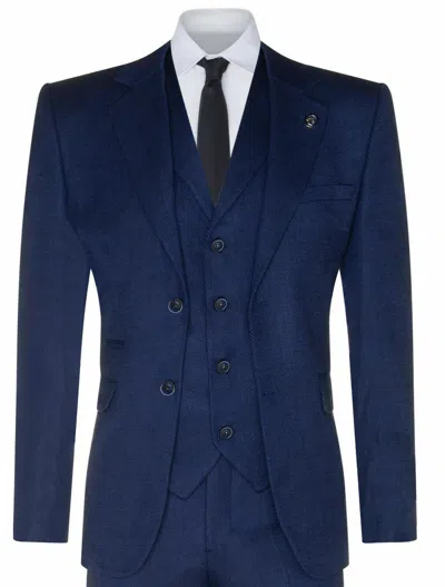 Pre-owned Marc Darcy Mens Navy Blue 3 Piece Tweed Herringbone Suit Peaky Blinders Classic Tailored