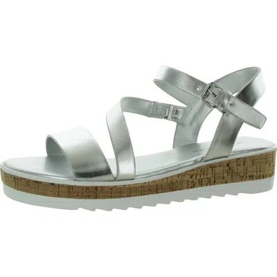 Marc Fisher Grandie Womens Faux Leather Adjustable Wedge Sandals In Silver
