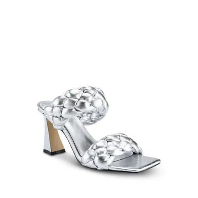 MARC FISHER HAMMY SANDALS WOMEN'S US 6.5 SILVER BRAIDED PADDED SPOOL HEEL KHD360