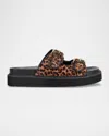 Marc Fisher Ltd Agustaly Leopard Calf Hair Dual-buckle Slide Sandals