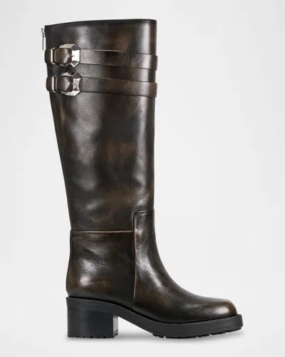 MARC FISHER LTD LEATHER BUCKLE LUG RIDING BOOTS WITH ZIPPER