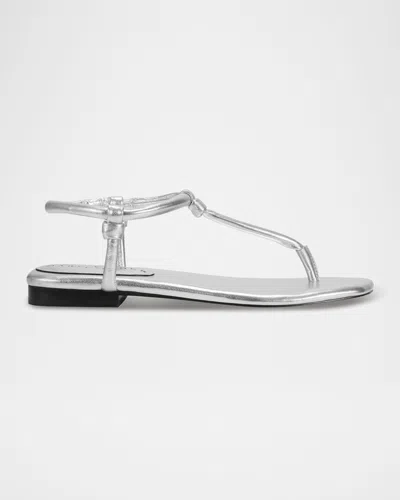 Marc Fisher Ltd Tubular Leather T-strap Flat Sandals In Silver