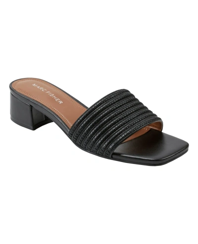 Marc Fisher Women's Casala Square Toe Slip-on Dress Sandals In Black- Faux Leather And Textile