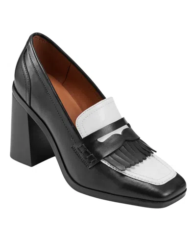 Marc Fisher Women's Hamish Block Heel Square Toe Dress Loafers In Black,white