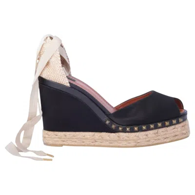 Pre-owned Marc Jacobs Black Studded Espadrille Wedges With Ankle Ribbon Ties - '10s