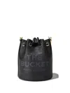 Marc Jacobs The Leather Bucket Black Handbag With Drawstring And Front Logo In Hammered Leather