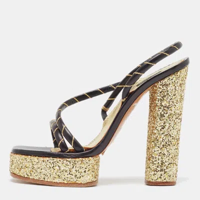 Pre-owned Marc Jacobs Black/gold Leather Glitter Platform Slingback Sandals Size 36