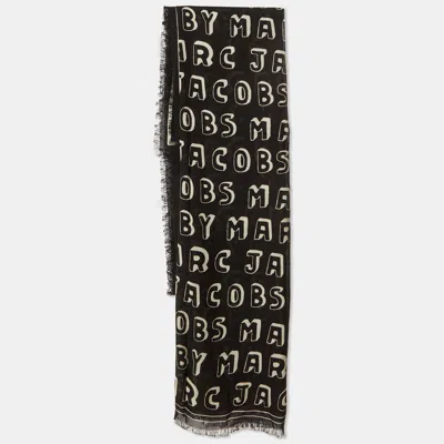 Pre-owned Marc Jacobs Black/white Print Logo Silk Scarf