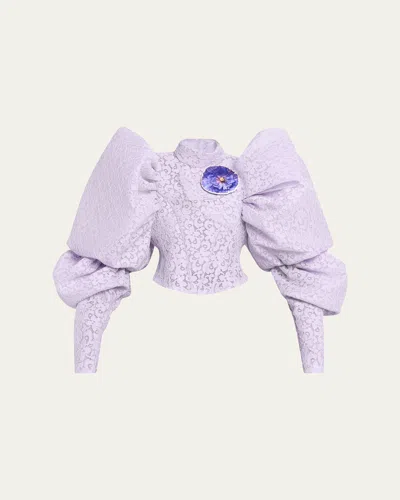 Marc Jacobs Bonded Lace Puff-sleeve Crop Top In Purple