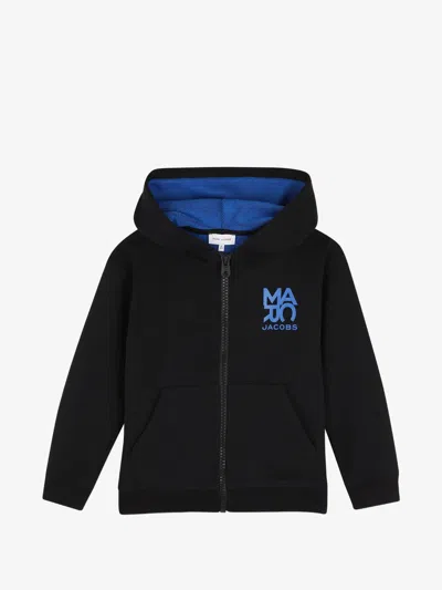 Marc Jacobs Boy Zip-up Hoodie With Chest & Back Logo Print, Classic Hood And Pouch Pockets In Black