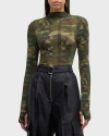 MARC JACOBS CAMO LOGO-PRINT TURTLENECK LONG-SLEEVE SHEER TOP