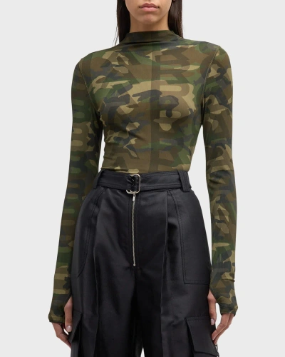 Marc Jacobs Camo Logo-print Turtleneck Long-sleeve Sheer Top In Camo Multi