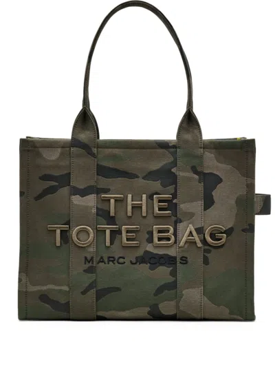 Marc Jacobs Camouflage Pattern Dark Green Tote Bag With Embroidered Logo In Gray