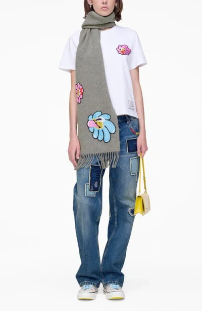 Marc Jacobs Daisy Appliqué Merino Wool Blend Scarf In Gray
