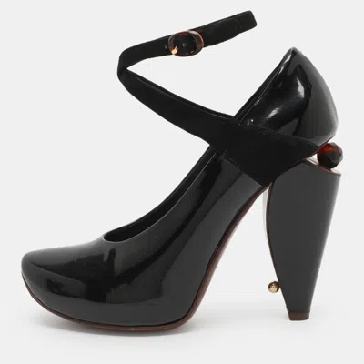 Pre-owned Marc Jacobs Embellished Heel Size 37 Black Patent Leather Ankle Strap Pumps