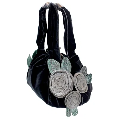 Pre-owned Marc Jacobs Fall 2005 Velvet Handbag W/ Leather And Ostrich Flower Detail Tags In Black