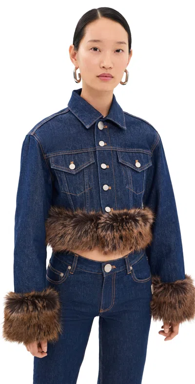Marc Jacobs Faux Fur Shrunken Denim Trucker Jacket Dark Slub Indigo