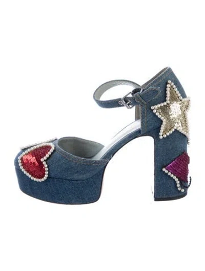 Pre-owned Marc Jacobs Faux Pearl Accents Denim Pumps In Blue