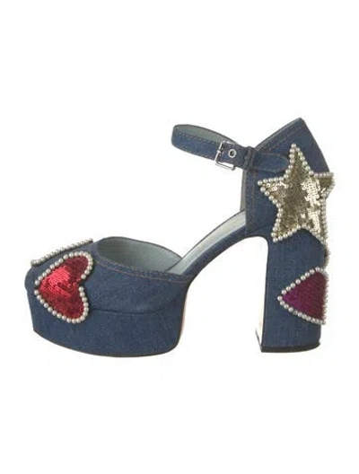 Pre-owned Marc Jacobs Faux Pearl Accents Denim Sandals In Blue