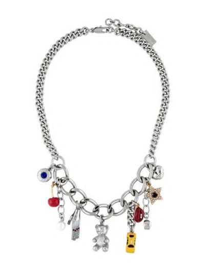 Pre-owned Marc Jacobs Faux Pearl, Crystal, & Enamel Trinket Charm Necklace, 17.75" In Black/blue/clear