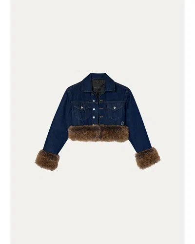 Marc Jacobs Faux-fur-trim Shrunken Trucker Jacket In Dark Slub