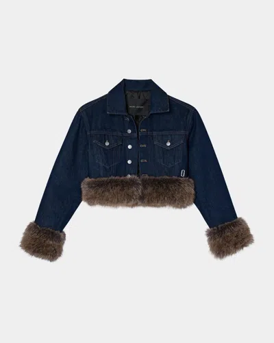 Marc Jacobs Faux-fur-trim Shrunken Trucker Jacket In Dark Slub