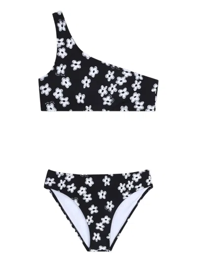 Marc Jacobs Floral Print One-shoulder Mini Brief Cut Dress In Black