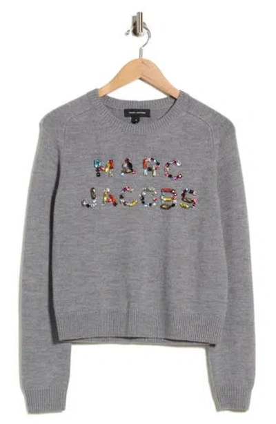 Marc Jacobs Gem Logo Merino Wool Knit Crewneck Top In Gray