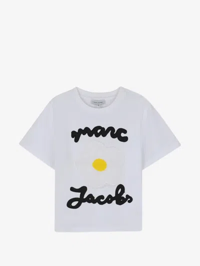 Marc Jacobs Girl's Cotton Crewneck T-shirt With Flower Patch & Embroidered Logo In Bianco