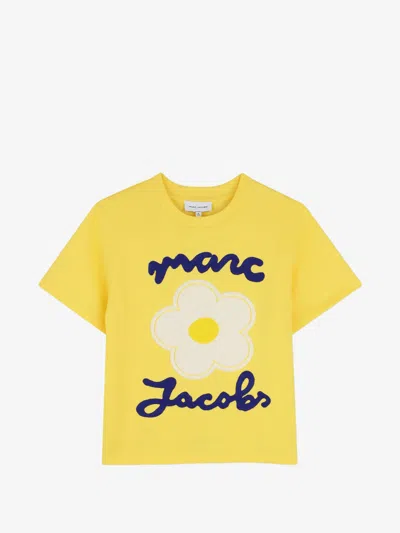 Marc Jacobs Girls Cotton Crew Neck T-shirt With Flower Appliqué & Embroidered Logo In Giallo