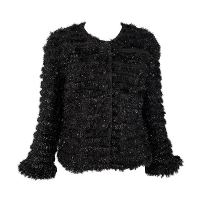 Pre-owned Marc Jacobs Glittery Black & Silver Metallic Faux Fur Button Front Jacket 10