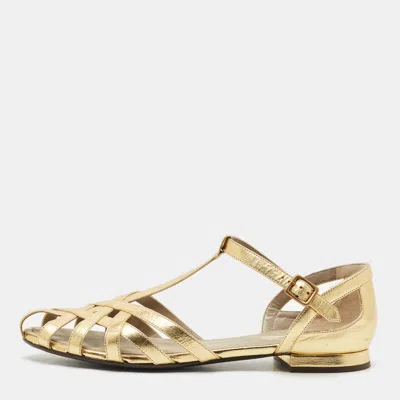 Pre-owned Marc Jacobs Gold Leather T Strap Flat Sandals Size 40.5