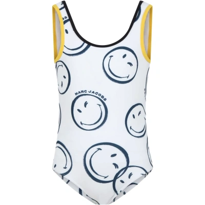 Marc Jacobs Kids' Ivory Swimsuit For Girl With All-over Smiley Face In Bianco