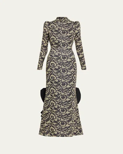 Marc Jacobs Lace-print Sculptural Long-sleeve Bow Trumpet Gown In Brown