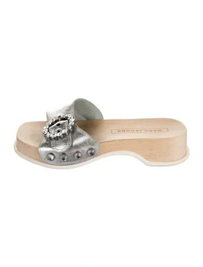 Pre-owned Marc Jacobs Leather Crystal Embellishments Slides In Silver