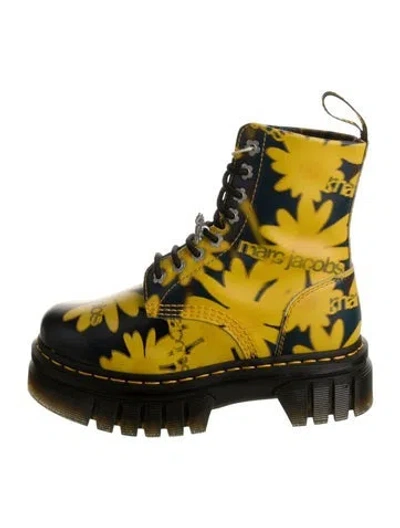 Pre-owned Marc Jacobs Leather Floral Print Combat Boots In Yellow