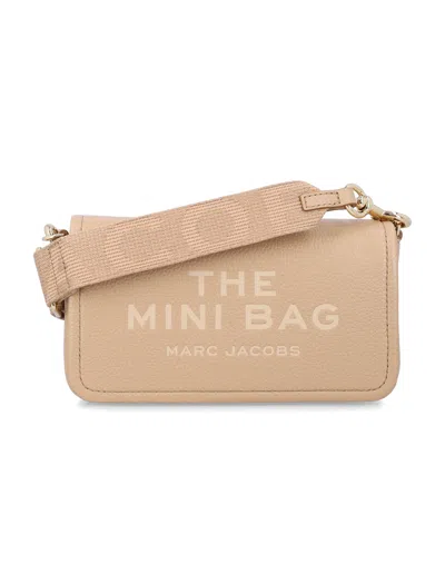 Marc Jacobs Leather Mini Handbag With Embossed Logo And Webbing Strap In Neutral