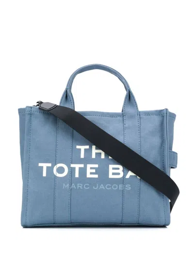 Marc Jacobs Light Blue Canvas Traveler Tote Handbag With Logo Print