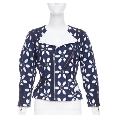 Pre-owned Marc Jacobs Louis Vuitton 2012 Runway Navy White Floral Embroidery Anglais Biker Jacket Fr38