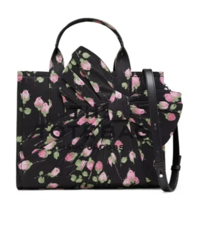 Marc Jacobs Medium Tote Bag In Vintage Floral Canvas With Oversized Bow In Black