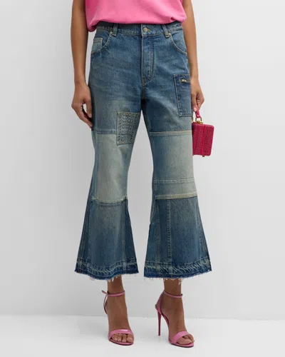 Marc Jacobs Mid-rise Patchwork Cropped Flare Carpenter Jeans In Indigo Multi
