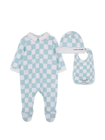 Marc Jacobs Mini Checkered Onesie With Hat And Bib In Clear Blue