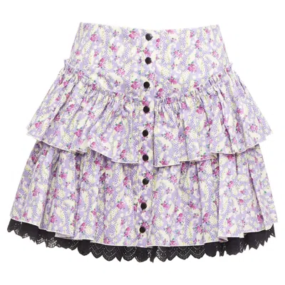 Pre-owned Marc Jacobs Mini Prairie Skirt Purple Floral Print Black Lace Trim Tiered Us0 Xs