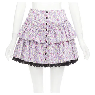 Pre-owned Marc Jacobs Mini Prairie Skirt Purple Floral Print Black Lace Trim Tiered Us0 Xs