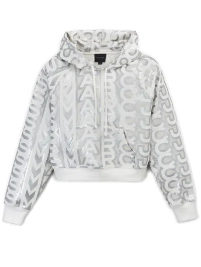 Marc Jacobs Cotton Monogram-print Cropped Hoodie In White,silver