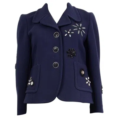 Pre-owned Marc Jacobs Navy Blue Wool Beaded Flower Short Peacoat Coat Jacket 8 M