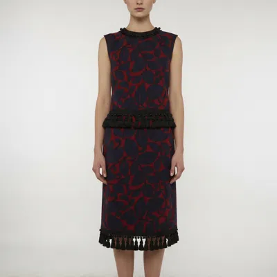 Pre-owned Marc Jacobs Navy Blue/burgundy Leaf Print Wool Tassel Detail Sheath Dress Xs
